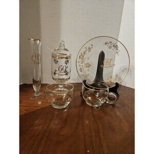 Gorgeous Vintage 50th Anniversary Glass 5 Pc Set with Inlaid Gold Trim.